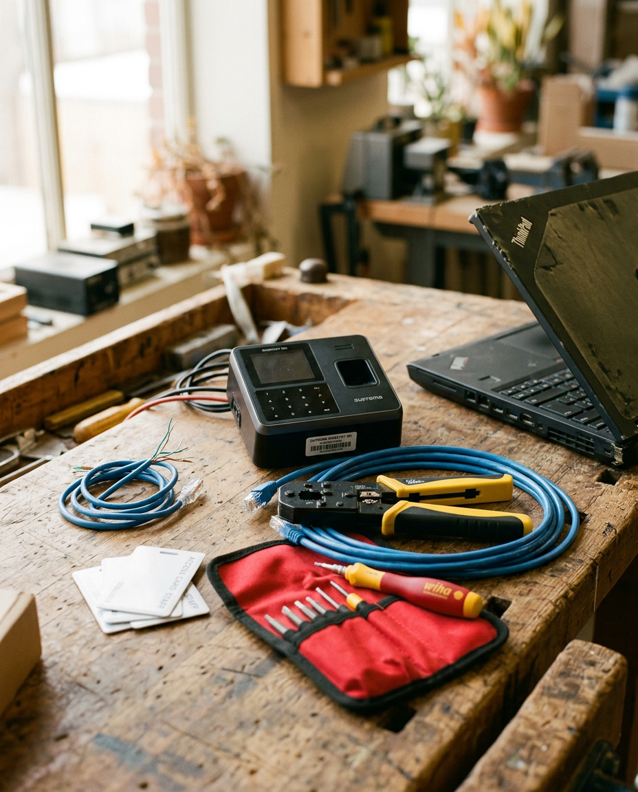 Abhay Singh Bhandari's field kit: a biometric device, RFID cards and installation tools